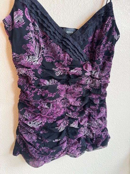 Mexx Black & Purple Floral Lace Trim Cami Top Ruched V-Neck Y2K Sheer Mesh Tank - Picture 7 of 12